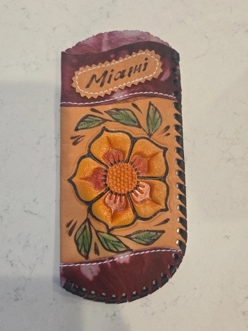 Handpainted Floral Leather Sunglasses Case - Orange Flower